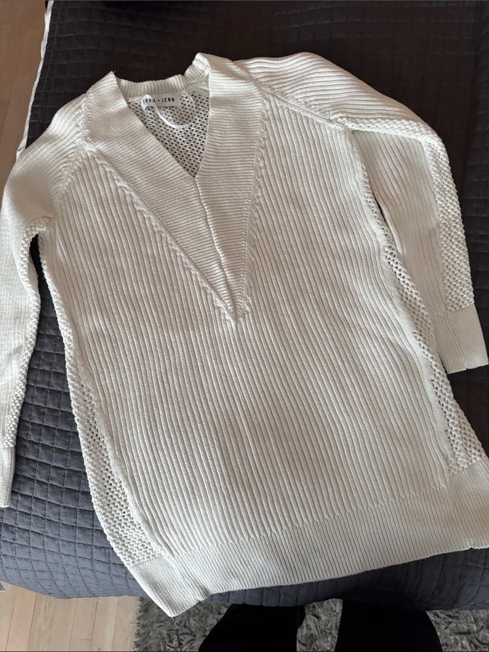 John + Jenn Cream V-Neck Ribbed Knit Sweater